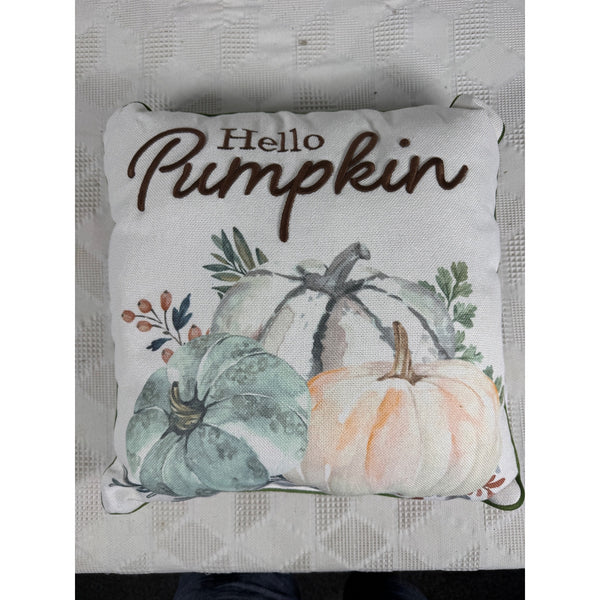 Hello Pumpkin Fall Throw Pillow Embroidered Text Watercolor Pumpkin 16 Inches