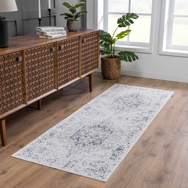 Akram Cream & Antrasit Washable Area Rug runner in front of console