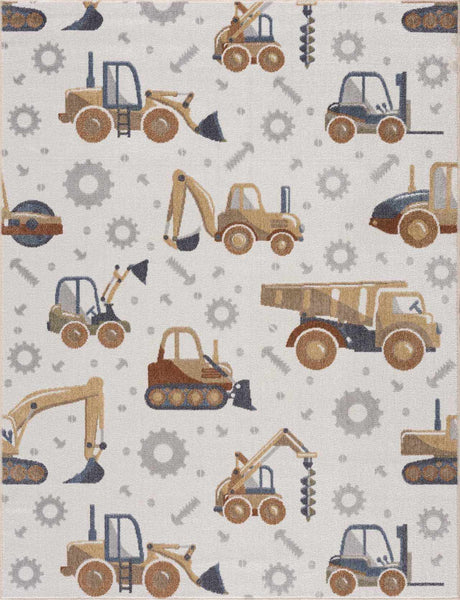 Construction Trucks Washable Kids Rug pattern closeup