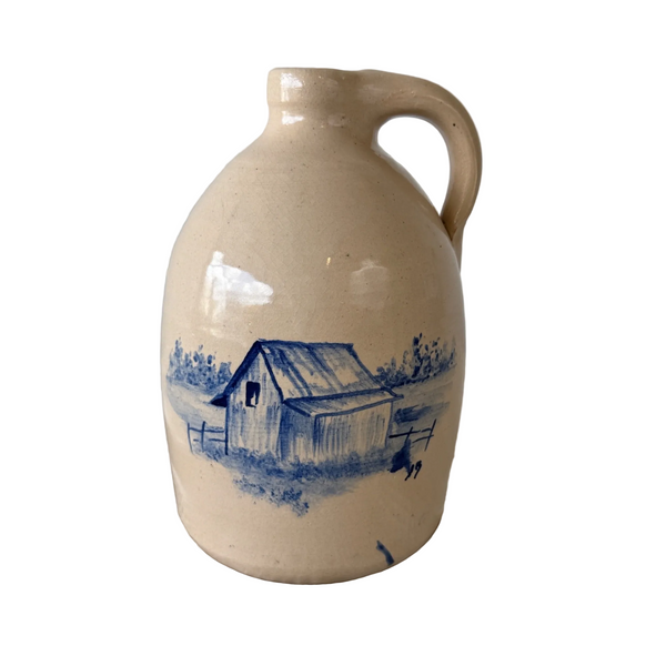 PR Storie Pottery Co Vintage Jug w Handpainted Barn Scene 1989 Marshall Texas