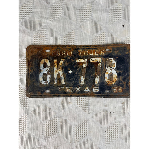 Vintage 1966 Texas Farm Truck License Plate 8K 778 Black w White Embossed Text