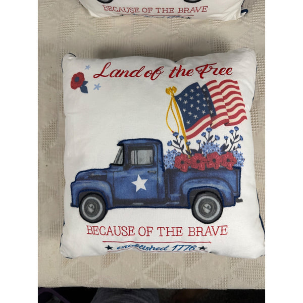 Land Of The Free Patriotic Throw Pillow w Vintage Truck 16 Inch Overstuffed