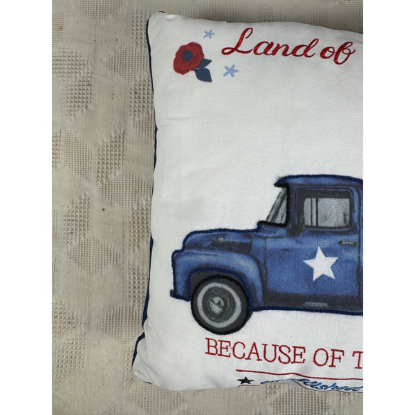 Land Of The Free Patriotic Throw Pillow w Vintage Truck 16 Inch Overstuffed