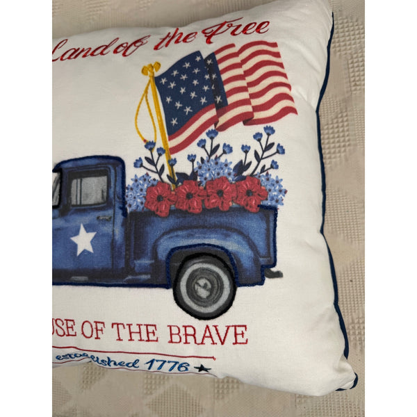 Land Of The Free Patriotic Throw Pillow w Vintage Truck 16 Inch Overstuffed