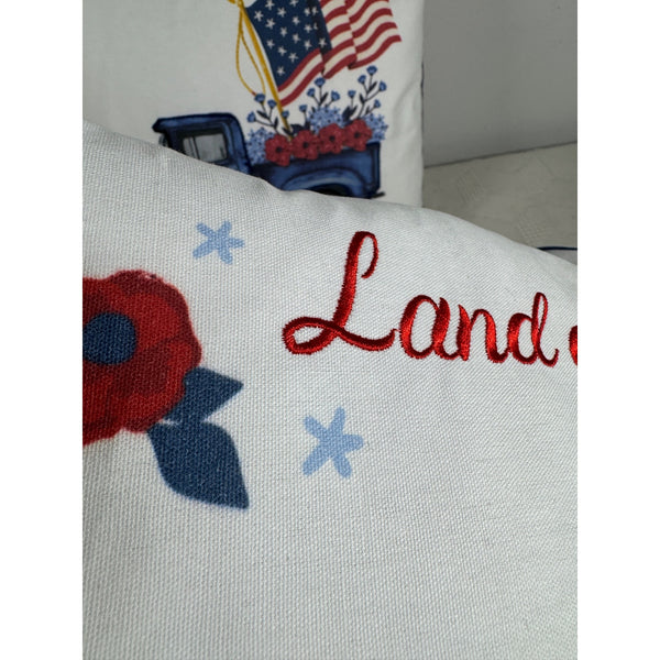Land Of The Free Patriotic Throw Pillow w Vintage Truck 16 Inch Overstuffed