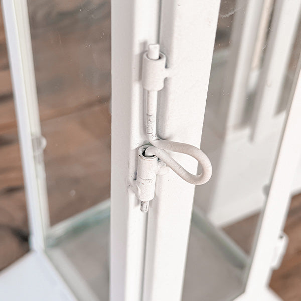 Tall Farmhouse White Metal Lanterns latch closeup