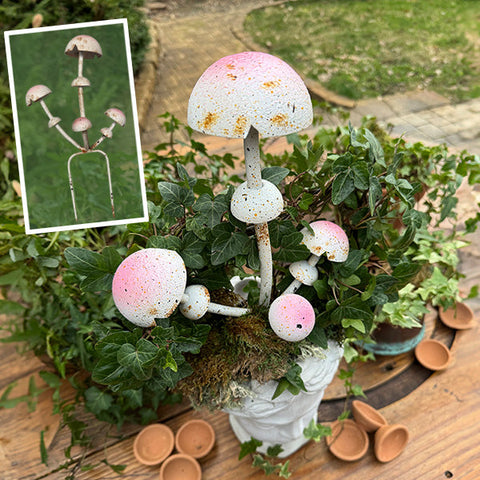 Iron Hand-painted Mushroom Garden Stake in potted plant