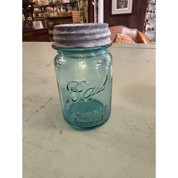 Vintage Ball Perfect Mason Jar With Zinc Lid Blue Glass Embossed Antique 1930s