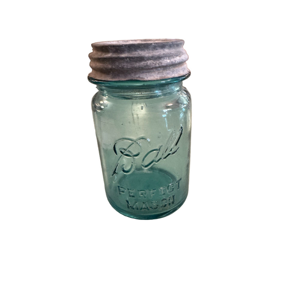 Vintage Ball Perfect Mason Jar With Zinc Lid Blue Glass Embossed Antique 1930s