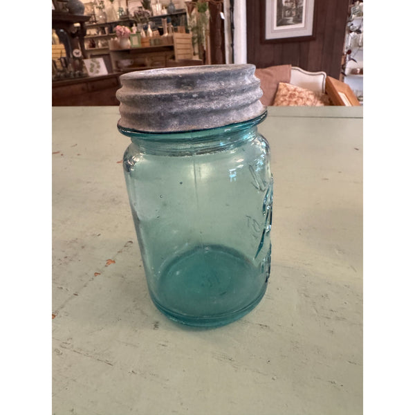 Vintage Ball Perfect Mason Jar With Zinc Lid Blue Glass Embossed Antique 1930s