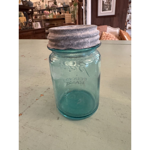 Vintage Ball Perfect Mason Jar With Zinc Lid Blue Glass Embossed Antique 1930s