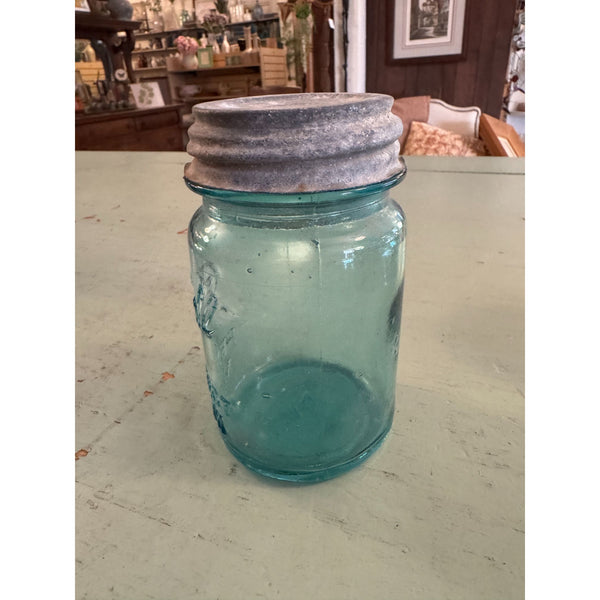 Vintage Ball Perfect Mason Jar With Zinc Lid Blue Glass Embossed Antique 1930s