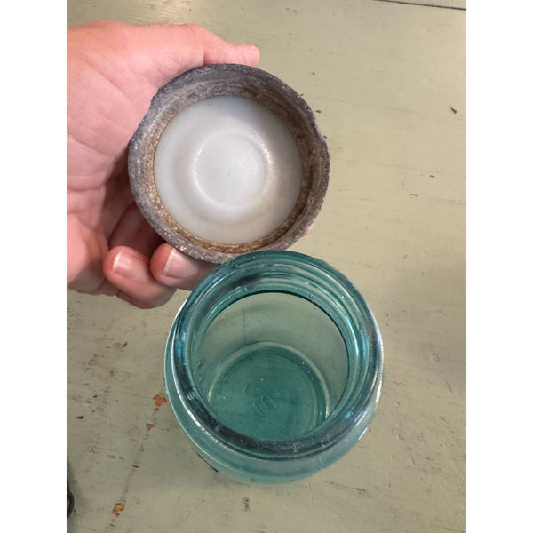 Vintage Ball Perfect Mason Jar With Zinc Lid Blue Glass Embossed Antique 1930s