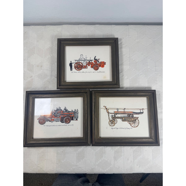 Set of 3 Framed Vintage Fire Engine Prints Illustrations of Antique Fire Trucks