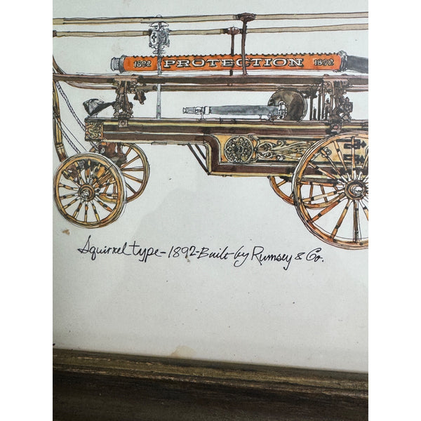 Set of 3 Framed Vintage Fire Engine Prints Illustrations of Antique Fire Trucks