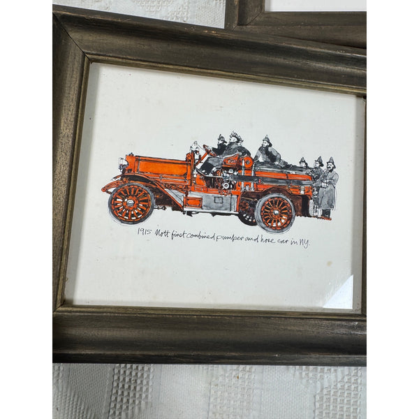 Set of 3 Framed Vintage Fire Engine Prints Illustrations of Antique Fire Trucks