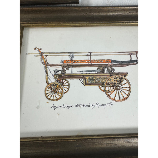 Set of 3 Framed Vintage Fire Engine Prints Illustrations of Antique Fire Trucks