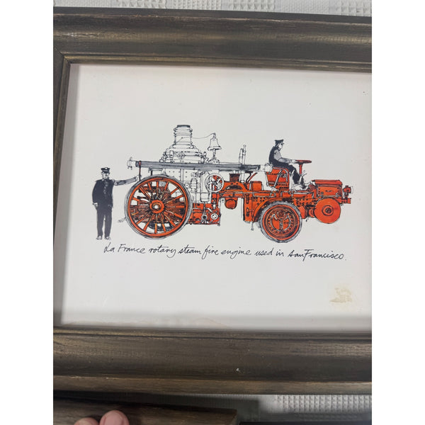 Set of 3 Framed Vintage Fire Engine Prints Illustrations of Antique Fire Trucks
