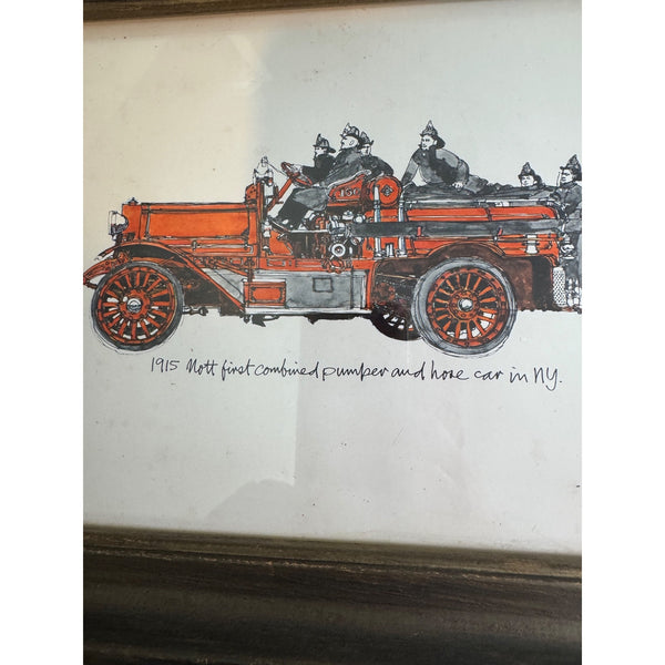 Set of 3 Framed Vintage Fire Engine Prints Illustrations of Antique Fire Trucks