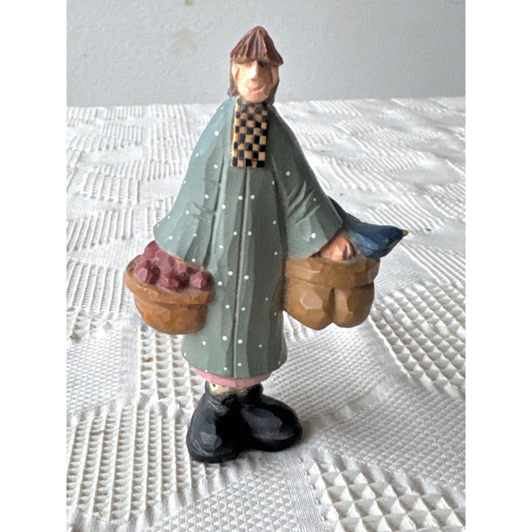 Williraye Studio Hand Painted Wooden Figurine Of Woman With Baskets & Bird
