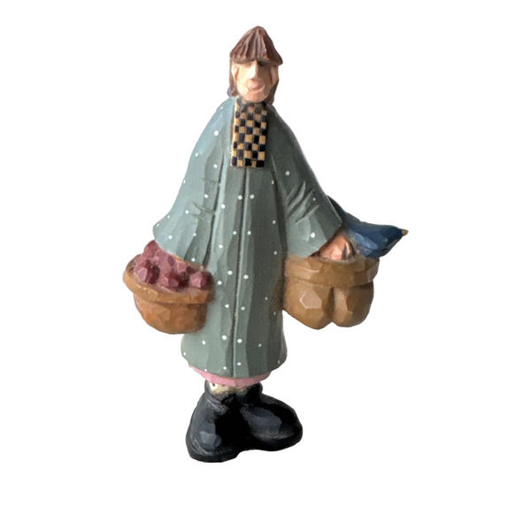 Williraye Studio Hand Painted Wooden Figurine Of Woman With Baskets & Bird 