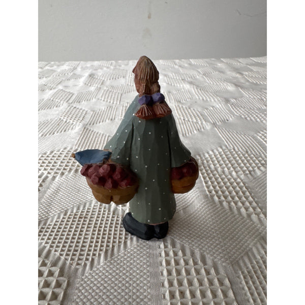 Williraye Studio Hand Painted Wooden Figurine Of Woman With Baskets & Bird