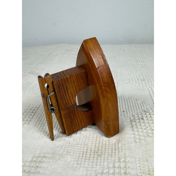 Vintage Wooden Note Photo or Recipe Holder w Clothes Iron Shape Mushroom Design