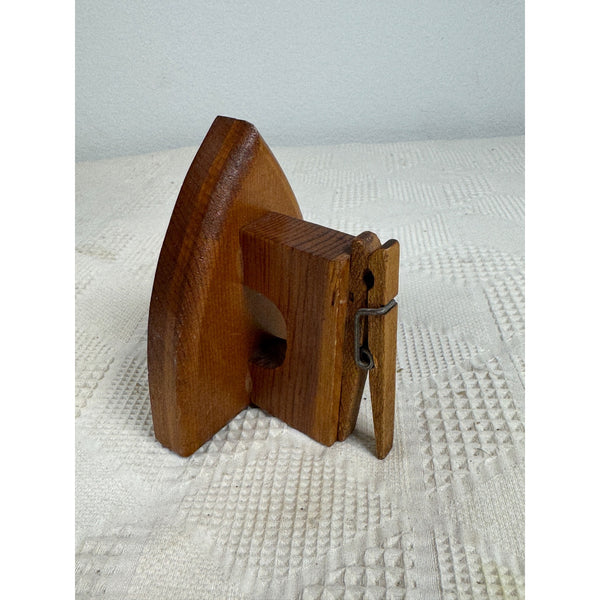 Vintage Wooden Note Photo or Recipe Holder w Clothes Iron Shape Mushroom Design