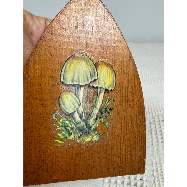 Vintage Wooden Note Photo or Recipe Holder w Clothes Iron Shape Mushroom Design