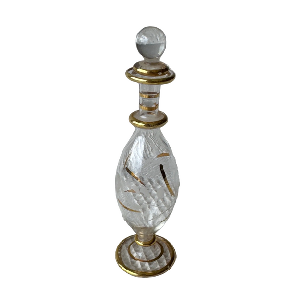 Vintage Handblown Glass Perfume Bottle With Gold Accents Etched Design Stopper