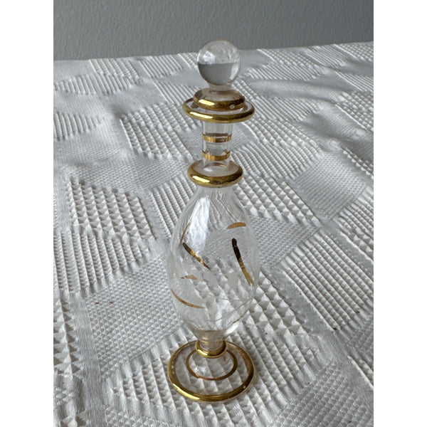 Vintage Handblown Glass Perfume Bottle With Gold Accents Etched Design Stopper