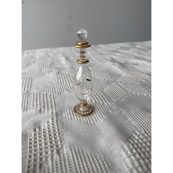 Vintage Handblown Glass Perfume Bottle With Gold Accents Etched Design Stopper
