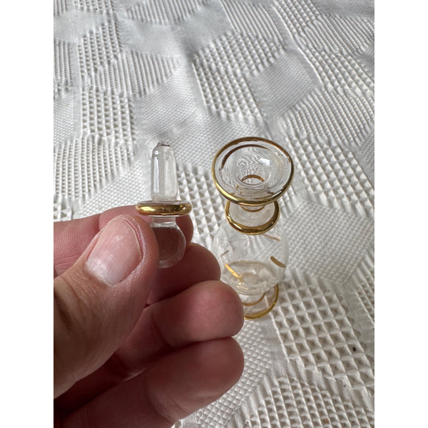 Vintage Handblown Glass Perfume Bottle With Gold Accents Etched Design Stopper