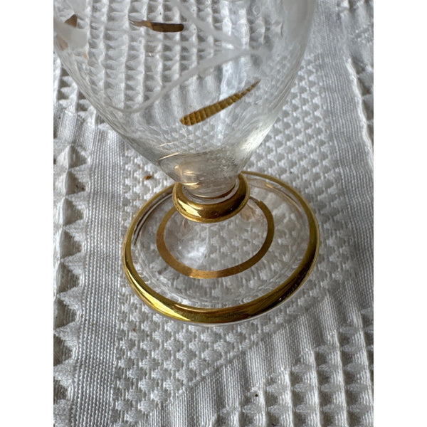 Vintage Handblown Glass Perfume Bottle With Gold Accents Etched Design Stopper