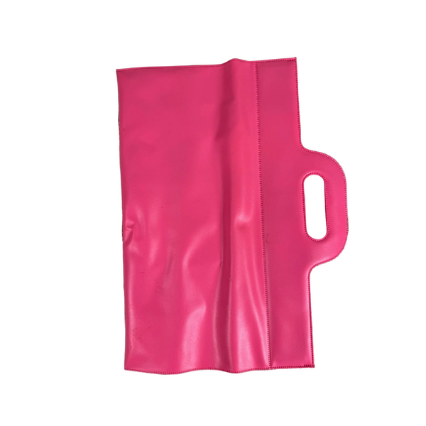 Vintage Pink Vinyl Barbie Bag w Cutout Handle 1980s Style Accessory Storage . A bright pink faux-leather pouch with a built-in handle, laid flat on a textured gray surface.