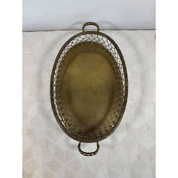 Vintage Mid Century Brass Oval Serving Basket Tray Mesh Sides Hollywood Regency
