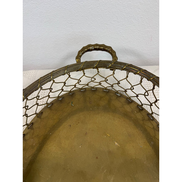 Vintage Mid Century Brass Oval Serving Basket Tray Mesh Sides Hollywood Regency