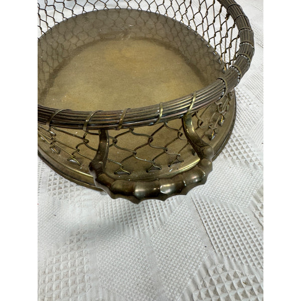 Vintage Mid Century Brass Oval Serving Basket Tray Mesh Sides Hollywood Regency