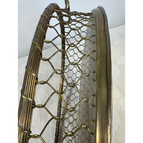 Vintage Mid Century Brass Oval Serving Basket Tray Mesh Sides Hollywood Regency