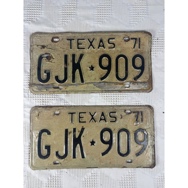 Vintage 1971 Texas License Plates Pair GJK 909 Black Embossed Text on White