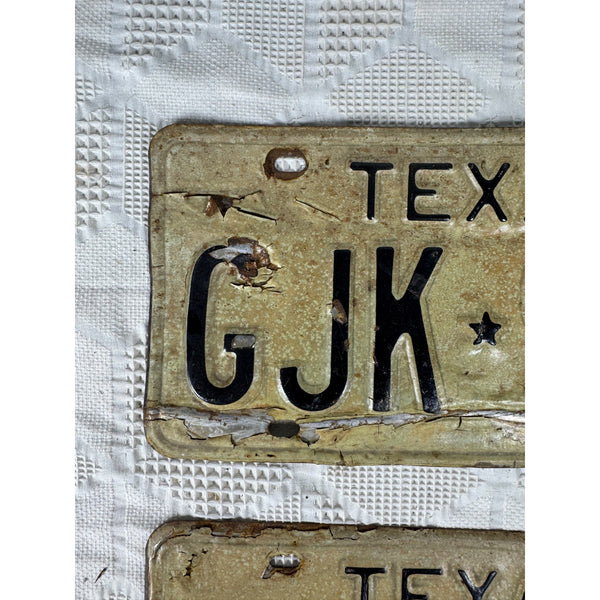 Vintage 1971 Texas License Plates Pair GJK 909 Black Embossed Text on White