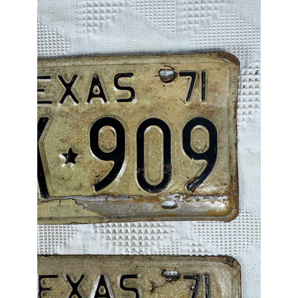 Vintage 1971 Texas License Plates Pair GJK 909 Black Embossed Text on White