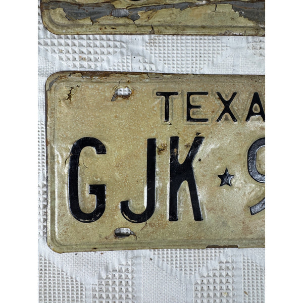 Vintage 1971 Texas License Plates Pair GJK 909 Black Embossed Text on White