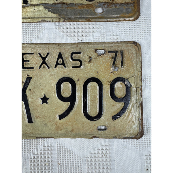 Vintage 1971 Texas License Plates Pair GJK 909 Black Embossed Text on White