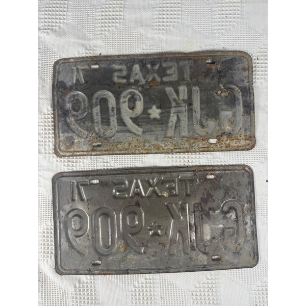 Vintage 1971 Texas License Plates Pair GJK 909 Black Embossed Text on White