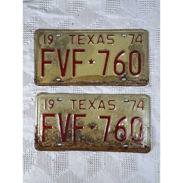 Vintage 1974 Texas License Plates FVF 760 Pair White and Red Embossed Lettering