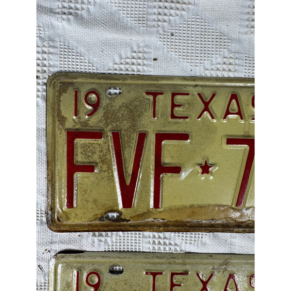 Vintage 1974 Texas License Plates FVF 760 Pair White and Red Embossed Lettering