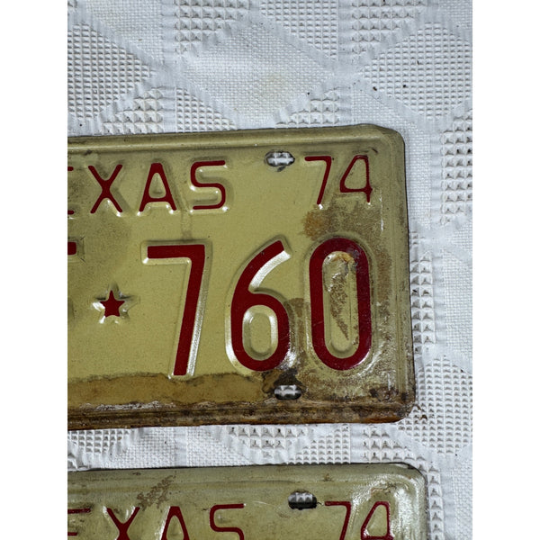 Vintage 1974 Texas License Plates FVF 760 Pair White and Red Embossed Lettering
