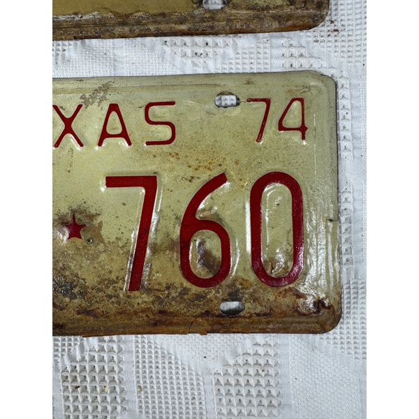 Vintage 1974 Texas License Plates FVF 760 Pair White and Red Embossed Lettering