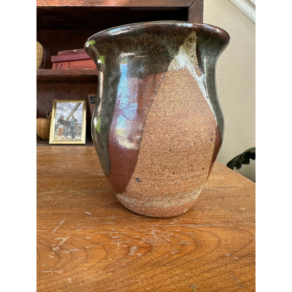 Handcrafted Glazed Ceramic Vase Spouted Rim Rich Earthy Brown Gray Artisan